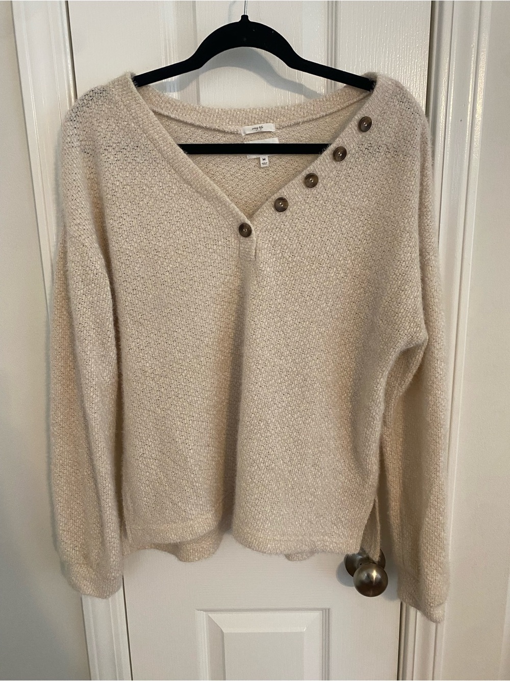 Blu Pepper Cream V-Neck Button-Accent Sweater